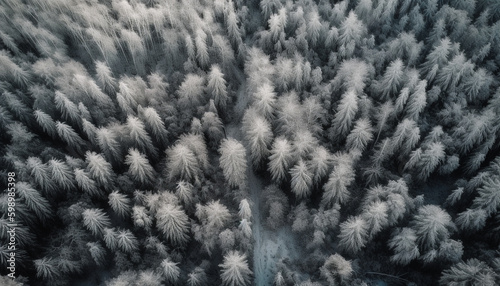 High up flying drone captures winter wonderland generated by AI