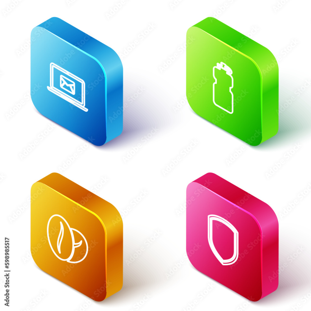 Set Isometric line Laptop with envelope, Sport bottle water, Coffee beans and Shield icon. Vector Set Isometric line Laptop with envelope, Sport bottle water, Coffee beans and Shield icon. Vector
