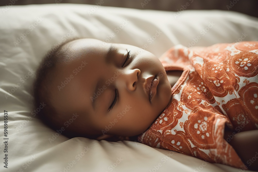 Obraz premium American african newborn baby sleeping in the bed. Generative AI