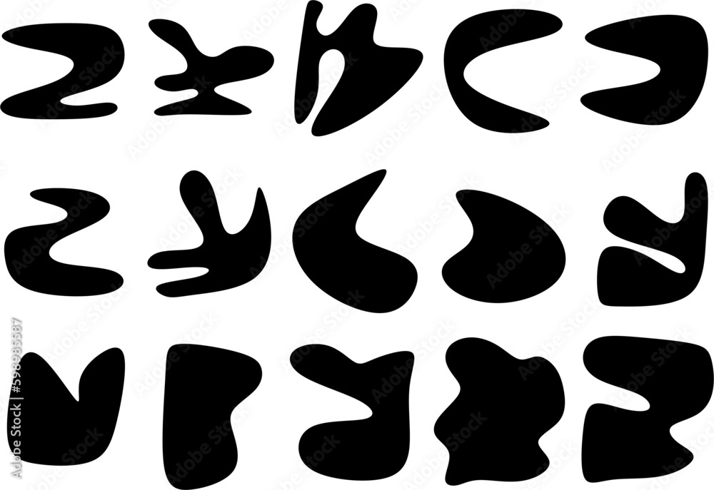 Set of different blotch shapes. Random abstract liquid shapes, round abstract organic elements. Pebble, drops and blobs silhouettes. Simple rounded shapes. Vector illustration Set of different blotch shapes. Random abstract liquid shapes, round abstract organic elements. Pebble, drops and blobs silhouettes. Simple rounded shapes. Vector illustration