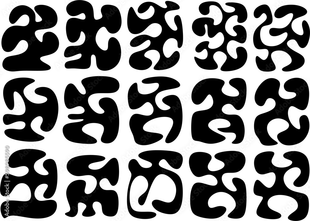 Set of different blotch shapes. Random abstract liquid shapes, round abstract organic elements. Pebble, drops and blobs silhouettes. Simple rounded shapes. Vector illustration Set of different blotch shapes. Random abstract liquid shapes, round abstract organic elements. Pebble, drops and blobs silhouettes. Simple rounded shapes. Vector illustration