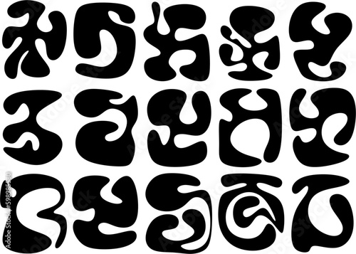 Set of different blotch shapes. Random abstract liquid shapes, round abstract organic elements. Pebble, drops and blobs silhouettes. Simple rounded shapes. Vector illustration