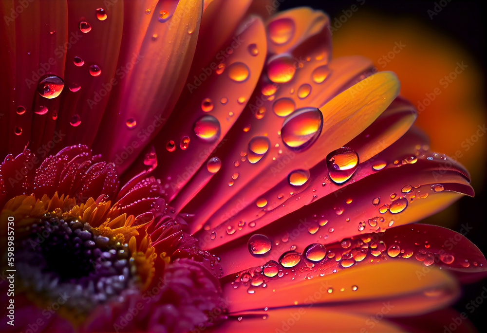 Gerbera Flower macro shot of a clear water drops falling on a flower petals. Generative ai Gerbera Flower macro shot of a clear water drops falling on a flower petals. Generative ai