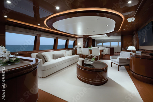 Generative AI illustration of modern spacious living room of luxury yacht photo