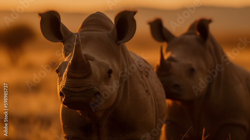 Quadro em tela Two baby rhinos with horns during sunset