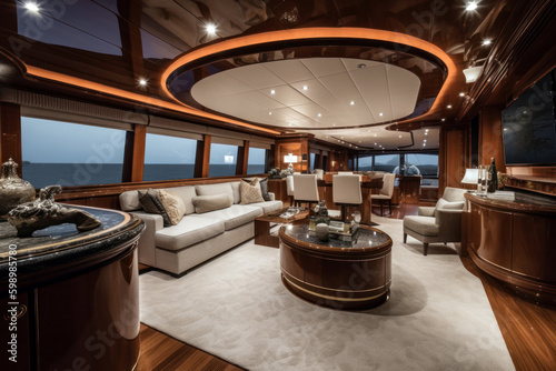 Generative AI illustration of modern spacious living room of luxury yacht