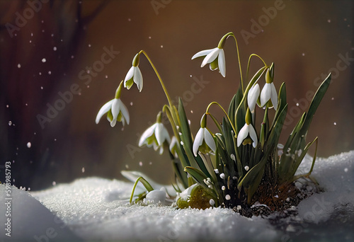 Snowdrop - blooming white flowers making their way from under the snow in spring. Generative ai