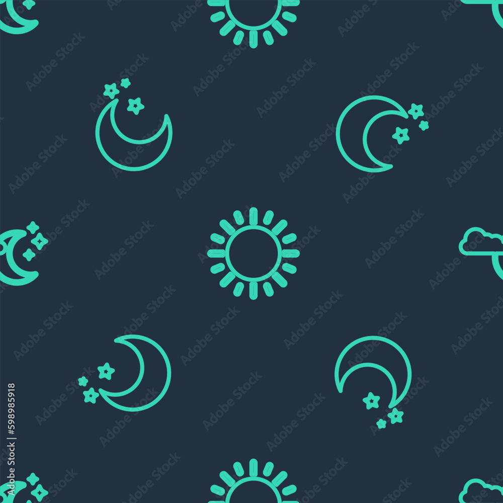 Set line Sun, Moon and stars and Cloud with moon on seamless pattern. Vector