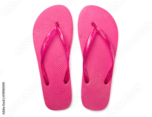 Bright flip flops isolated on white, top view