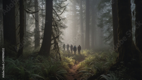 A Group of Friends Hiking Through a Dense Forest on a rainy Day  generative AI