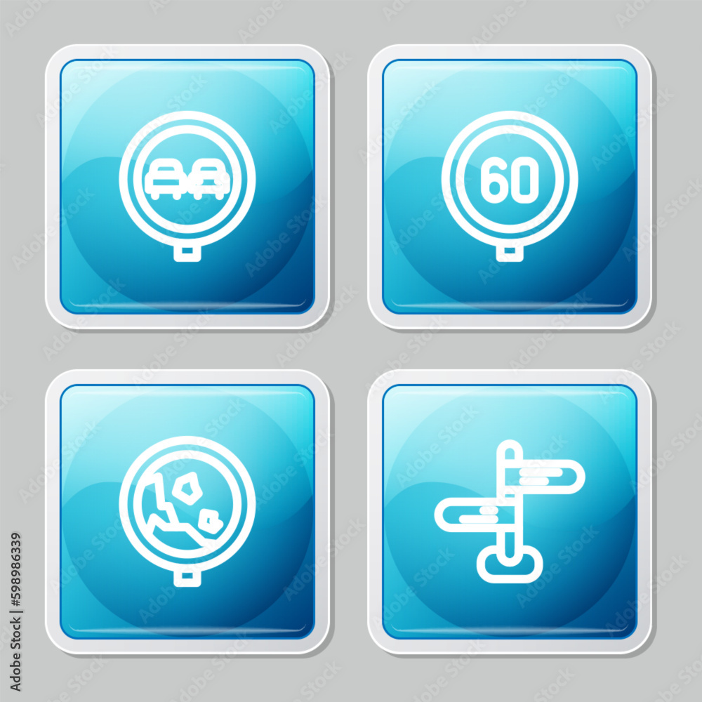 Set line No overtaking road traffic, Speed limit, Road warning rockfall and sign icon. Vector Set line No overtaking road traffic, Speed limit, Road warning rockfall and sign icon. Vector