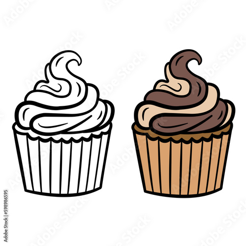 Chocolate cupcake. Cupcake for Coloring. Vector illustration of delicious pastries