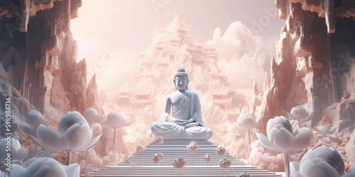 Generative AI illustration of Buddha statue in lotus pose surrounded by burning candles in sacred temple with uneven walls photo