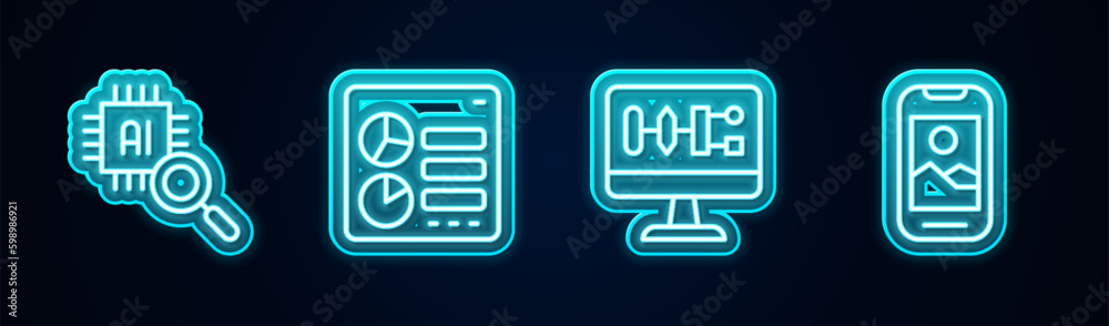 Set line Processor CPU, Computer api interface, Algorithm and Mobile phone. Glowing neon icon. Vector Set line Processor CPU, Computer api interface, Algorithm and Mobile phone. Glowing neon icon. Vector