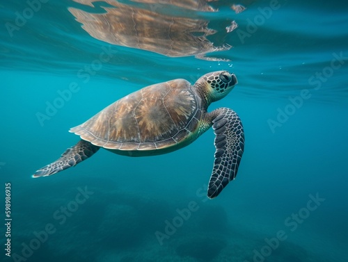 A sea turtle gliding through the. Generated with AI Technology