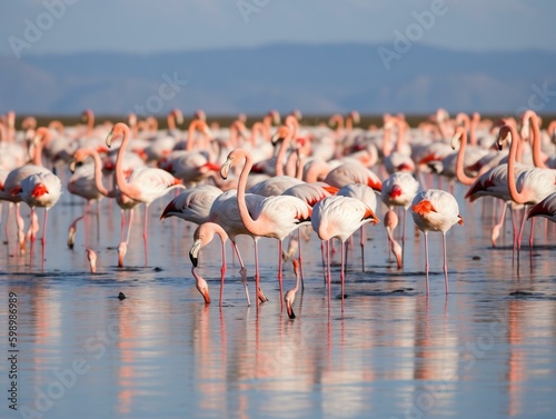 A flock of flamingos wading. Generated with AI Technology