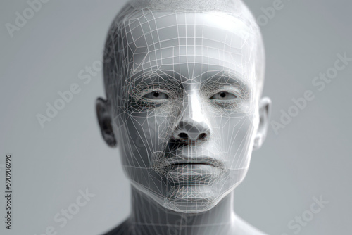 Generative AI illustration of biometrical scan reading for man facial identification while unlocking access against white background photo