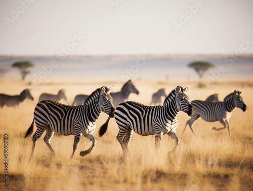 A group of zebras running through the. Generated with AI Technology