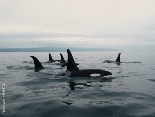 A pod of orcas swimming in the. Generated with AI Technology