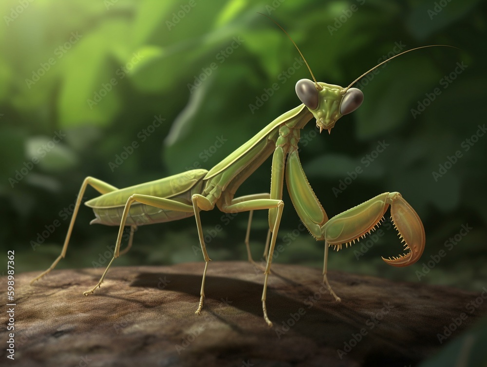 A realistic depiction of a praying mantiss. Generated with AI Technology A realistic depiction of a praying mantiss. Generated with AI Technology