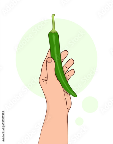 Green chili pepper. Green pepper in hand. Capsicum. Hot pepper. A vegetable in a human hand. Spicy food. Isolated vector illustration white background. Green vegetable.