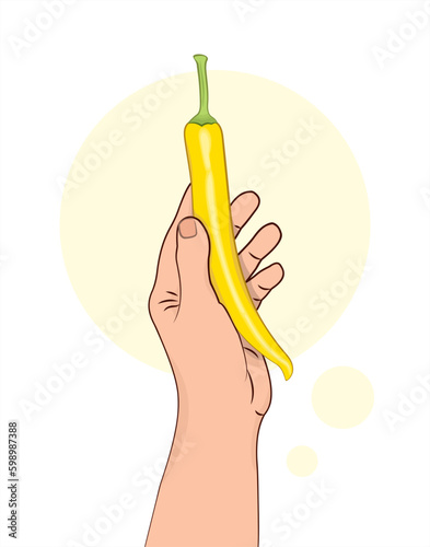 Yellow chili pepper. Yellow pepper in hand. Capsicum. Hot pepper. A vegetable in a human hand. Spicy food. Isolated vector illustration white background. Yellow vegetable.