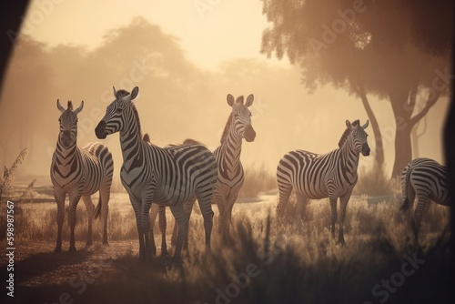 A detailed illustration of a group of animals  such as zebras or giraffes  in a savanna or grassland setting  Generative AI