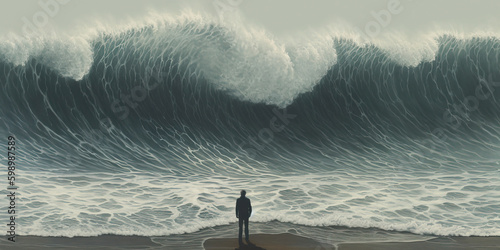 Back view of fearless man standing on sandy beach in front of big wave. Generative AI photo