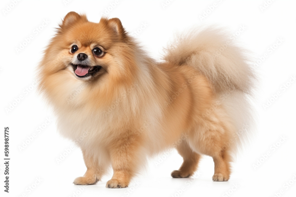 Portrait of Pomeranian dog on white background. Generative AI illustration