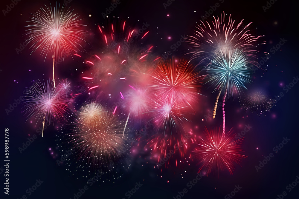 Colorful fireworks display exploding in the night sky. Generative Ai.