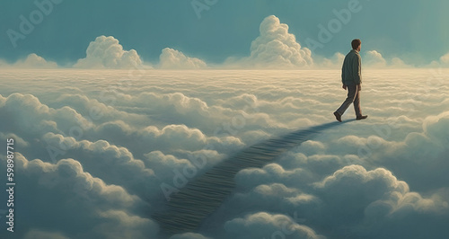 Back view of unrecognizable man walking over clouds. Generative AI photo