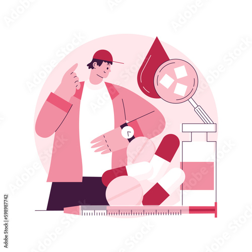 Diabetes medications abstract concept vector illustration. Diabetes mellitus therapy, disease treatment, insulin injection, syringe needle, medical capsule, diabetic diet abstract metaphor.