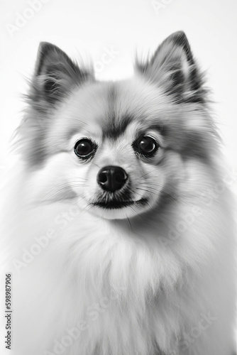 Black and white portrait of Pomeranian dog. Generative AI photo