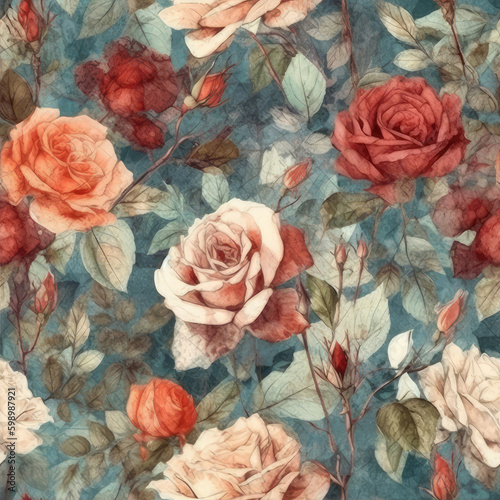 Shabby chic vintage roses, vintage seamless pattern, classic chintz floral repeat background.