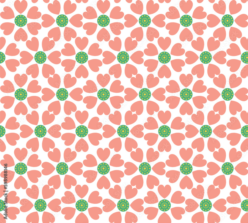 70s retro vintage green, white and orange pattern background.Seamless floral pattern with spring colored flowers on a white background.Vector repeating texture.