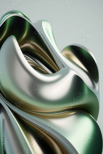 Generative AI illustration abstract background of silver and green shaded wavy texture with shiny satin surface photo