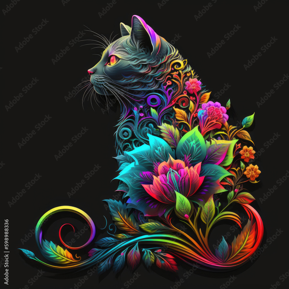 T-shirt Design, cat, cat head, Rainbow cat intricate flower icon, fantasy badge, emblem,