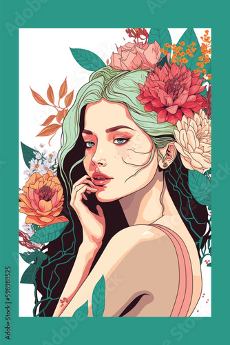 Vector illustration of an attractive female with flowers in her hair