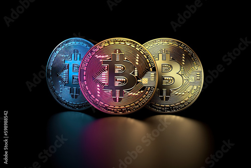 Generative AI image of crypto currency gold color round shaped Bitcoins placed on hard surface in reflecting neon lights against black background