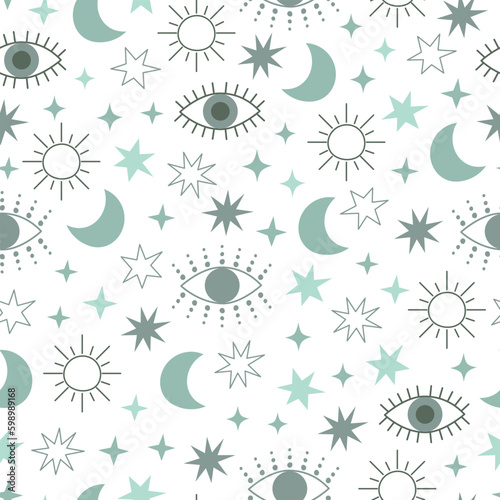 Evil eye celestial seamless pattern with stars, moon and sun. Blue colors universe surface design