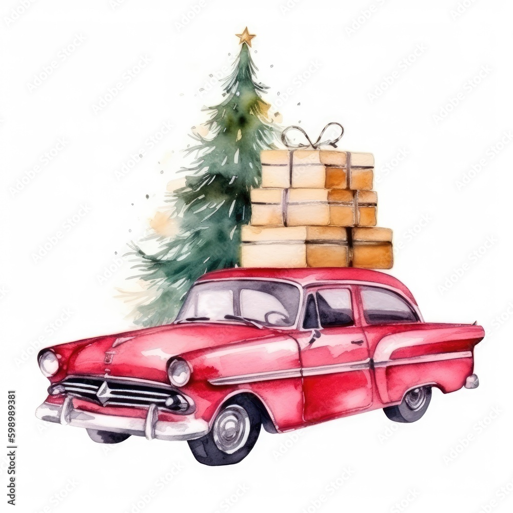 Watercolor illustration of red retro car with christmas tree anf gift boxes.