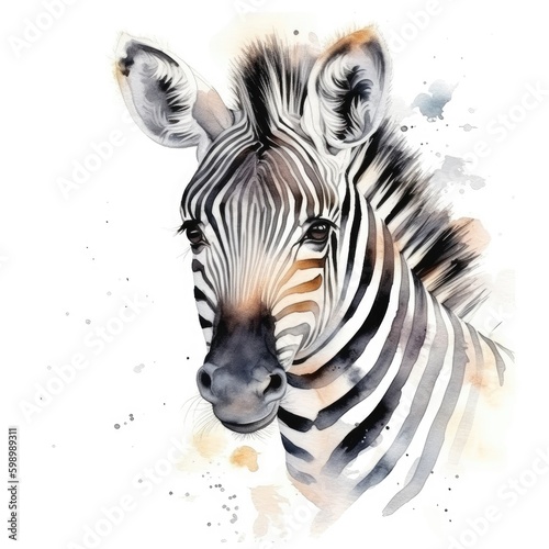 Watercolor wild animal zebra.