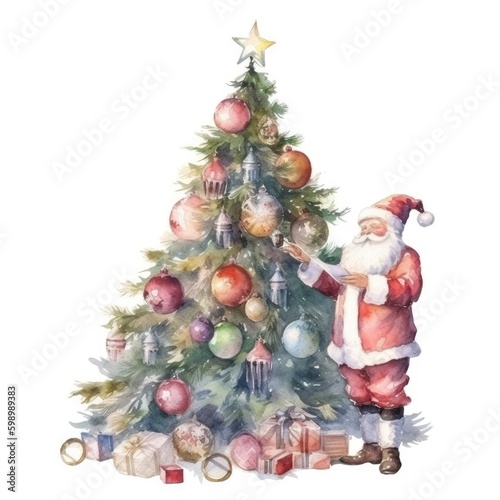 Watercolor illustration of cute Santa Claus with christmas tree. © ku4erashka