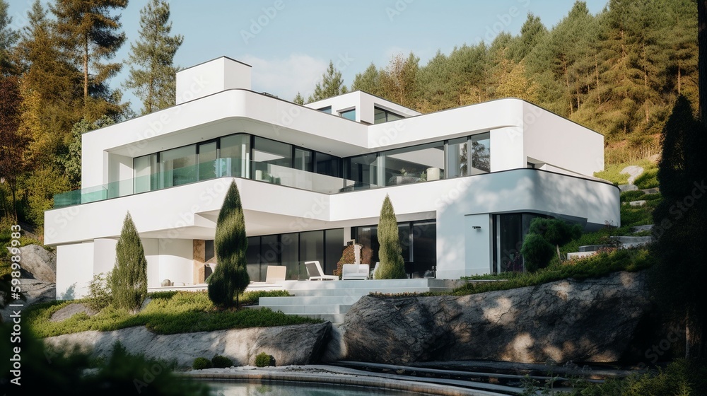 Modernes Haus mit wunderschöner Architektur, großen Fenstern und einem wunderschönen Pool.