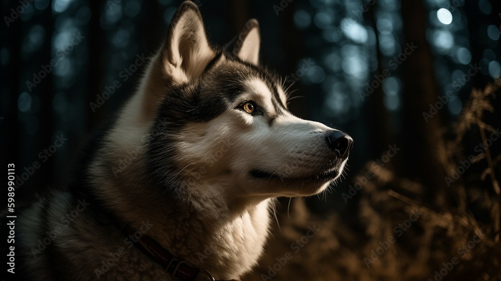 Das Bild zeigt einen Husky bei einem Spaziergang in der Natur zur Abenddämmerung. Das Bild zeigt einen Husky bei einem Spaziergang in der Natur zur Abenddämmerung.