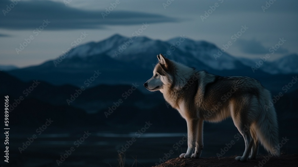 Fototapeta premium Das Bild zeigt einen Husky bei einem Spaziergang in der Natur zur Abenddämmerung.