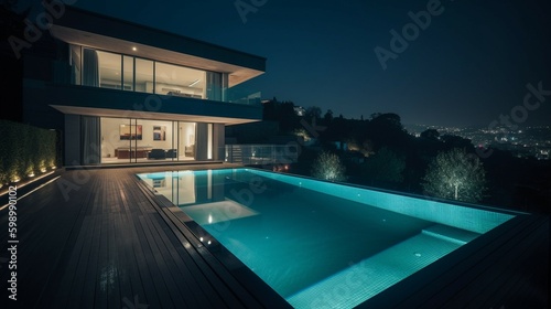 Das Bild zeigt eine moderne Terrasse mit wunderschöner LED-Beleuchtung bei Nacht. © Thomas