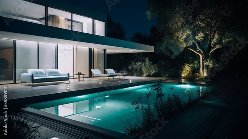 Das Bild zeigt eine moderne Terrasse mit wunderschöner LED-Beleuchtung bei Nacht. © Thomas