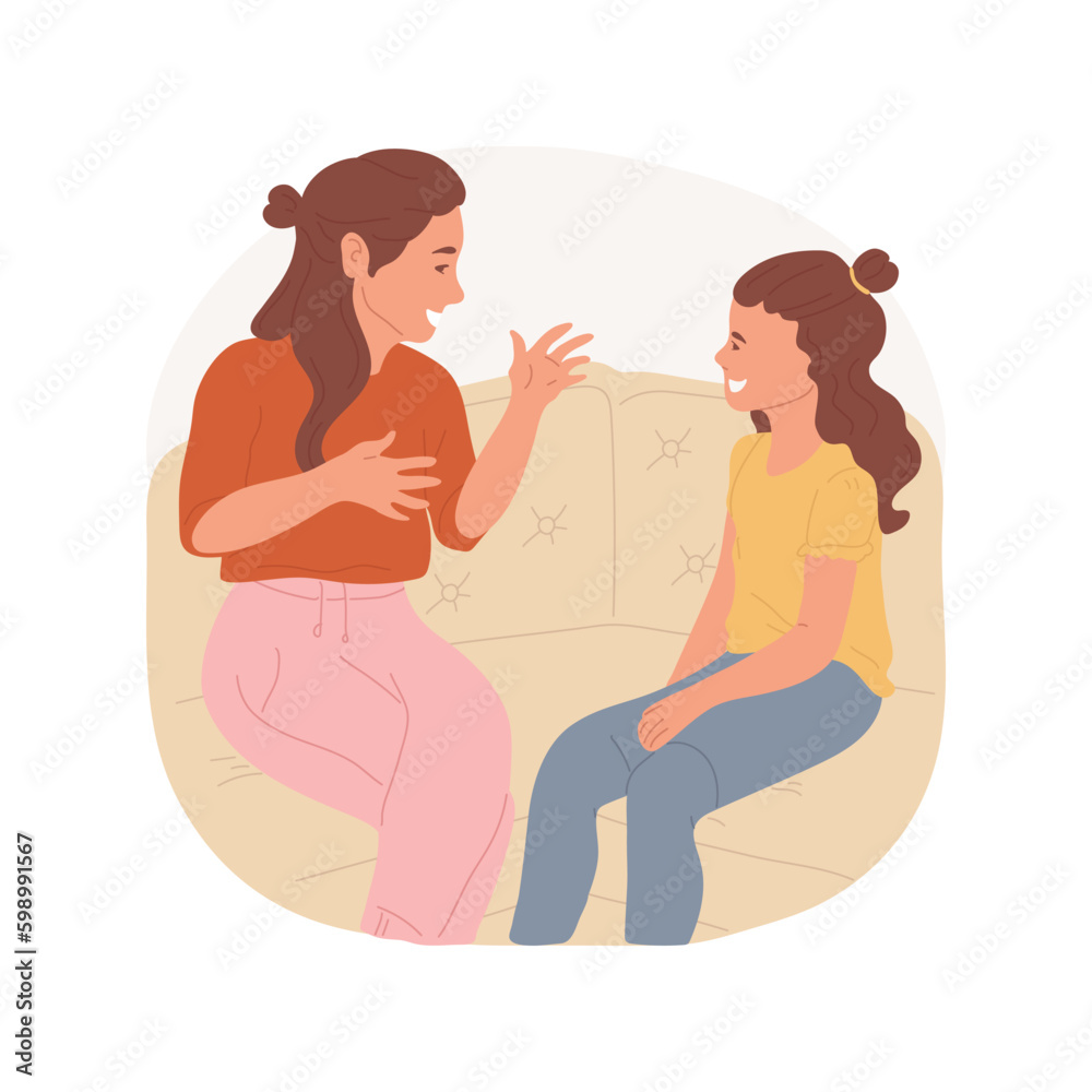 Personal talk with mom isolated cartoon vector illustration. Teen talking with parent, mom and daughter discussing news, teenager lifestyle and spirit, mothers care vector cartoon. Personal talk with mom isolated cartoon vector illustration. Teen talking with parent, mom and daughter discussing news, teenager lifestyle and spirit, mothers care vector cartoon.