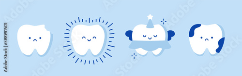 Funny cartoon vector teeth set. Tooth fairy with wings. Broken tooth and tooth with caries, stains. shining tooth. Vector illustration in cartoon style